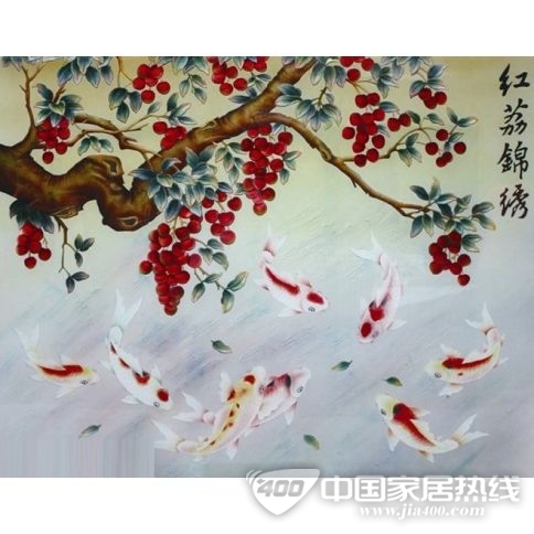 艺术玻璃背景墙 红荔锦绣
