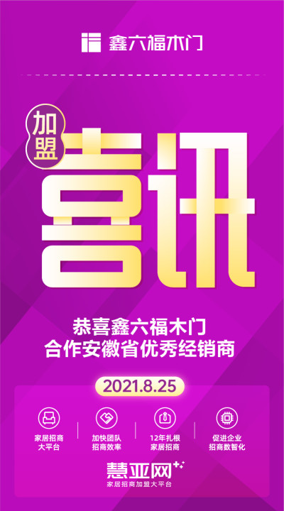 恭喜鑫六福木门，合作安徽省优秀经销商