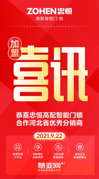 恭喜忠恒高配智能门锁合作河北省优秀分销商