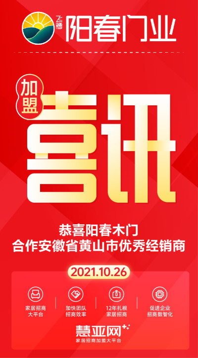 恭喜阳春木门合作安徽省黄山市优秀经销商