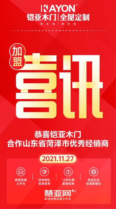 恭喜铠亚木门合作山东省菏泽市优秀经销商