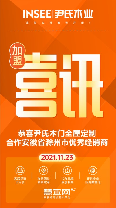 恭喜尹氏木门全屋定制合作安徽省滁州市优秀经销商