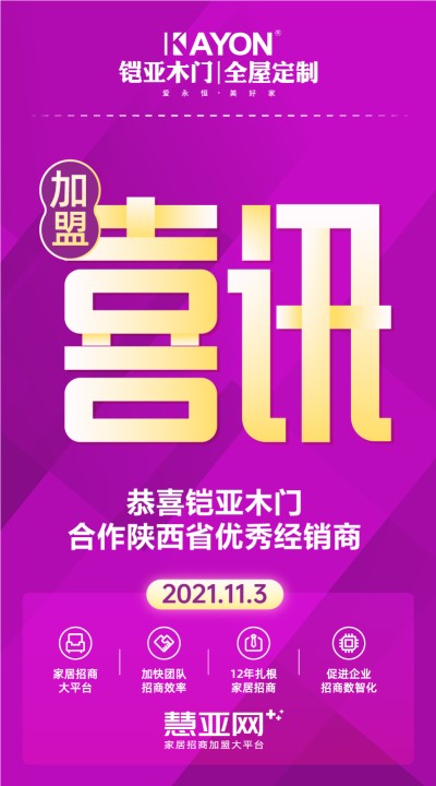 恭喜铠亚木门合作陕西省优秀经销商