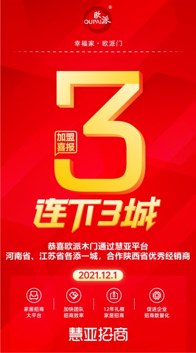 恭喜欧派木门河南省、江苏省各添一城，合作陕西省优秀经销商