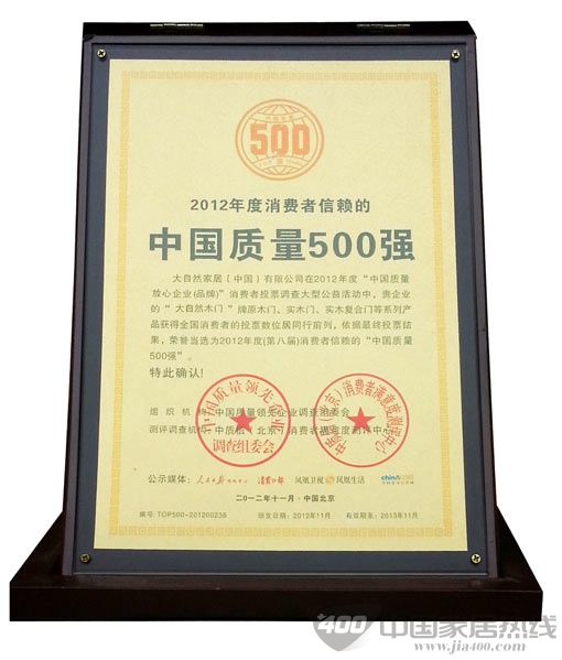 大自然木门荣获消费者最信赖的中国质量500强