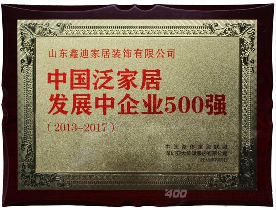 鑫迪公司荣获中国泛家居发展中企业500强称号