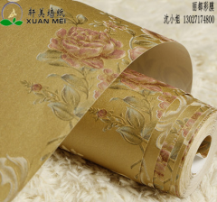 无纺布墙纸厂家供应2015新款轩美无纺布3D浮雕欧式田园大花婚房客厅卧室背景墙纸装饰膜