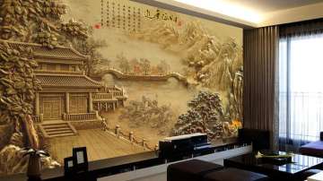 浮雕山水风景壁画 个性背景墙纸 中式家装 酒店房背景壁画