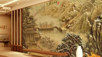 浮雕山水风景壁画 个性背景墙纸 中式家装 酒店房背景壁画