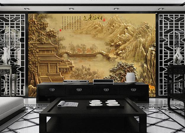 浮雕山水风景壁画 个性背景墙纸 中式家装 酒店房背景壁画