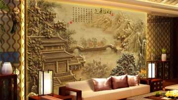 浮雕山水风景壁画 个性背景墙纸 中式家装 酒店房背景壁画
