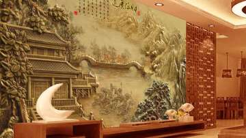 浮雕山水风景壁画 个性背景墙纸 中式家装 酒店房背景壁画