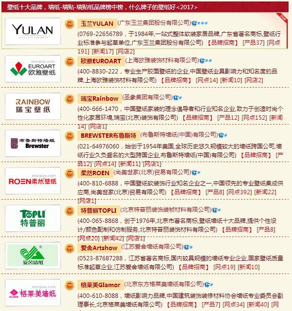 壁纸品牌十大排名榜