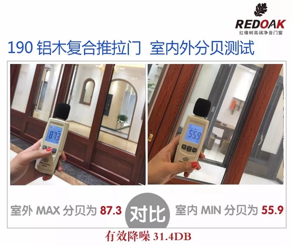 红橡树高端净音门窗：190铝木复合推拉门，有效降噪31.4db