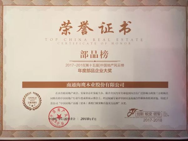 海鹰门窗荣膺“中国房地产高端（铝木）系统门窗采购首选实力品牌”