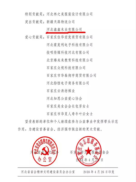 河北鑫鑫木业荣获石家庄市“一起帮”关爱环卫工人暖冬行动突出贡献奖
