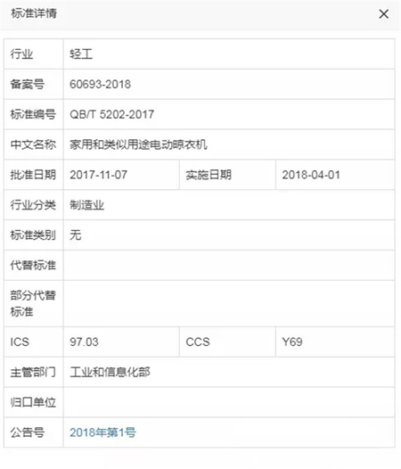 《QB/T 5202-2017家用和类似用途电动晾衣机》出台将规范电动晾衣市场