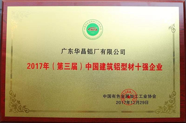 华昌铝业获评中国建筑铝型材十强企业荣誉称号！