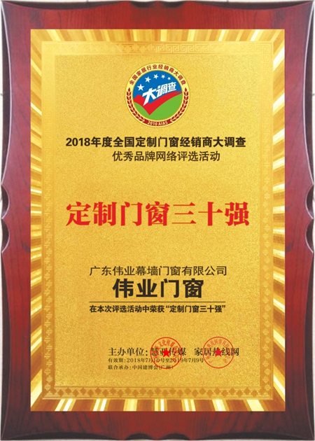 伟业门窗 荣获2018定制门窗经销商大调查网络投票“定制门窗三十强”荣誉