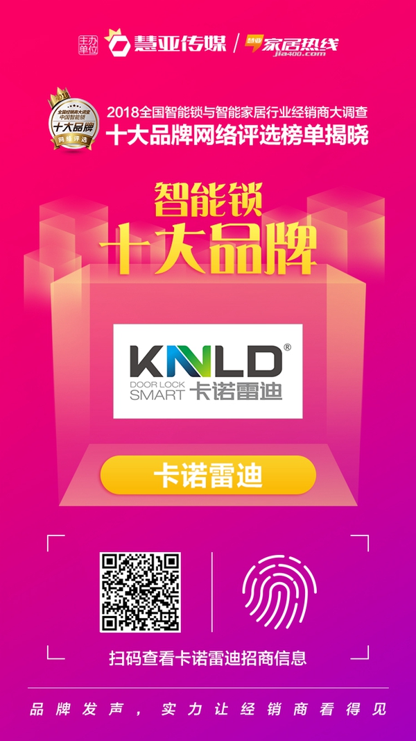 卡诺雷迪智能锁荣膺“智能锁消费者喜爱十大品牌”称号!