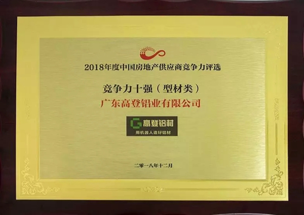 高登铝材荣登”2018中国房地产供应商型材竞争力十强供应商”榜单