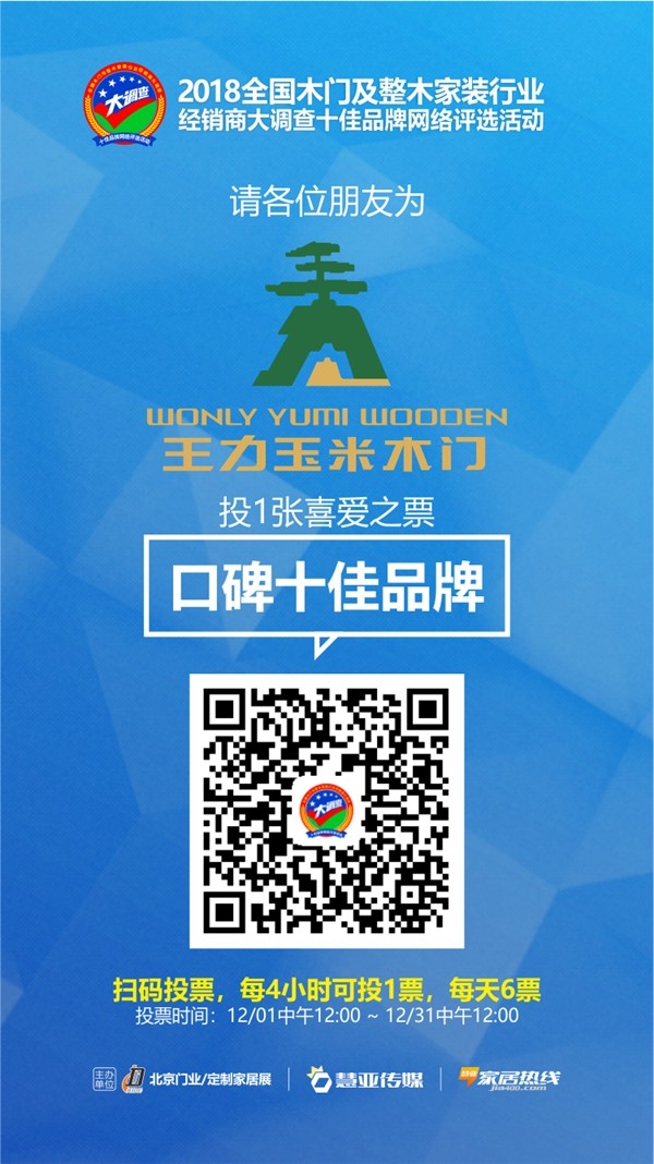 木门与整木家装经销商大调查网络评选投票已启动，王力玉米木门等你来投票哦！