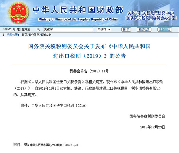 2019年涉及木材与木制品进出口关税税率