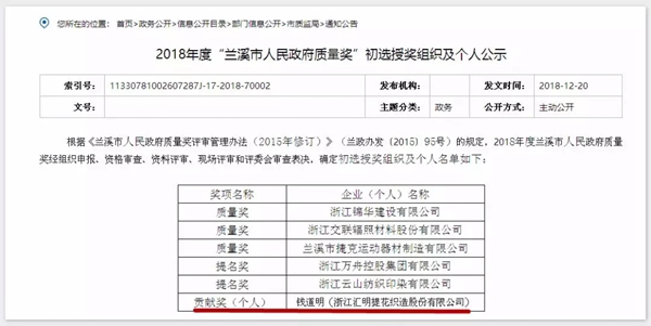 汇明提花墙布荣获兰溪市人民政府质量奖“贡献奖”(个人)!