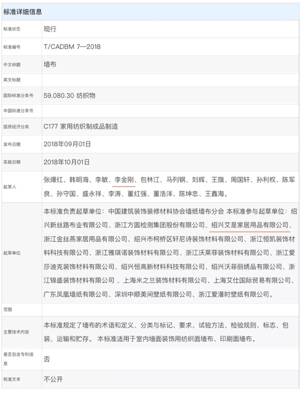 艾是墙布参与起草行业T/CADBM 7—2018《墙布》标准！