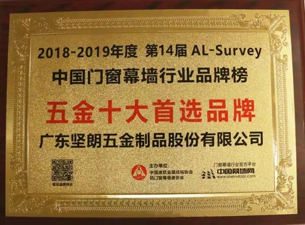 坚朗五金凭借过硬的实力荣获“五金十大首选品牌”