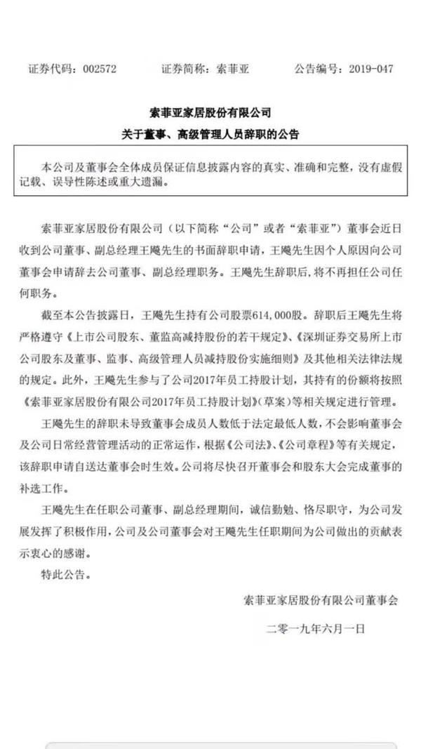 索菲亚董事、副总经理王飚辞职,持有公司股票614,000股