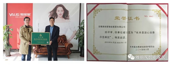 雅丽家智能全屋定制荣获“放心消费示范单位”荣誉奖彰