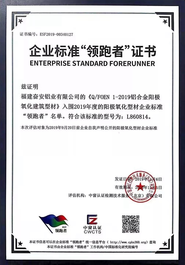 奋安铝业集团获企业标准“领跑者”证书