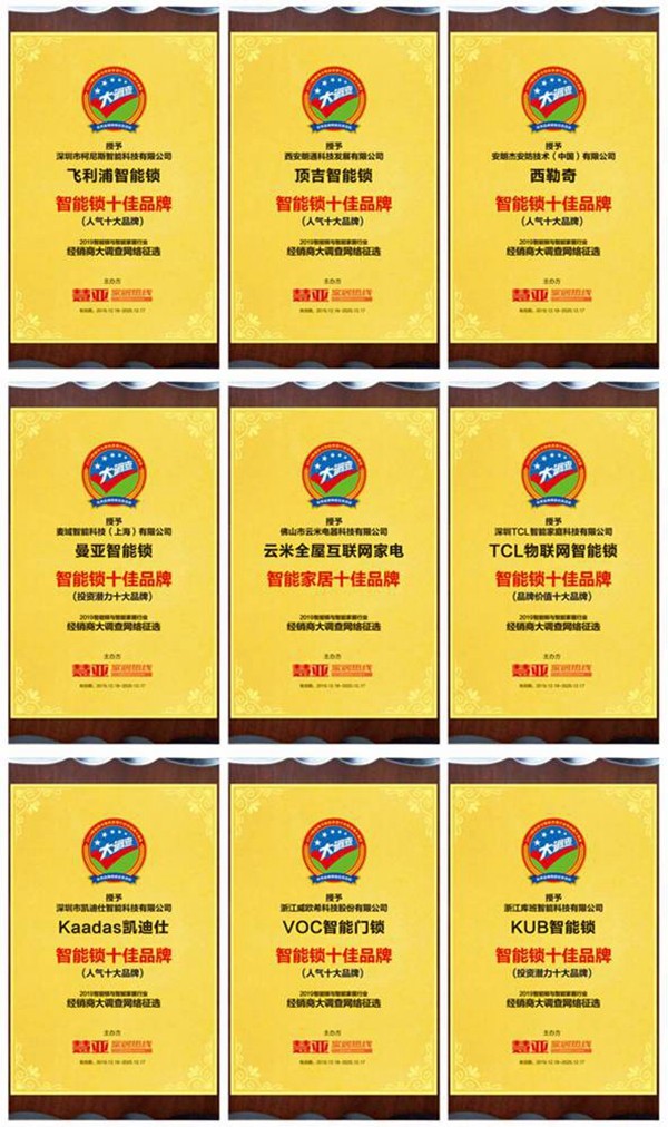 【获奖公布】智能锁与智能家居经销商大调查获奖品牌诞生！