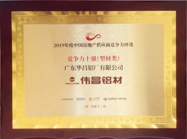 华昌铝业荣获2019年度中国房地产供应商竞争力十强（型材类）称号
