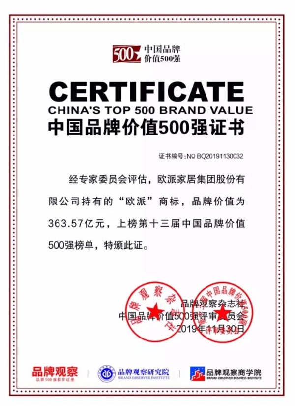 欧派高端软装获2019年度软装饰定制十大品牌奖项