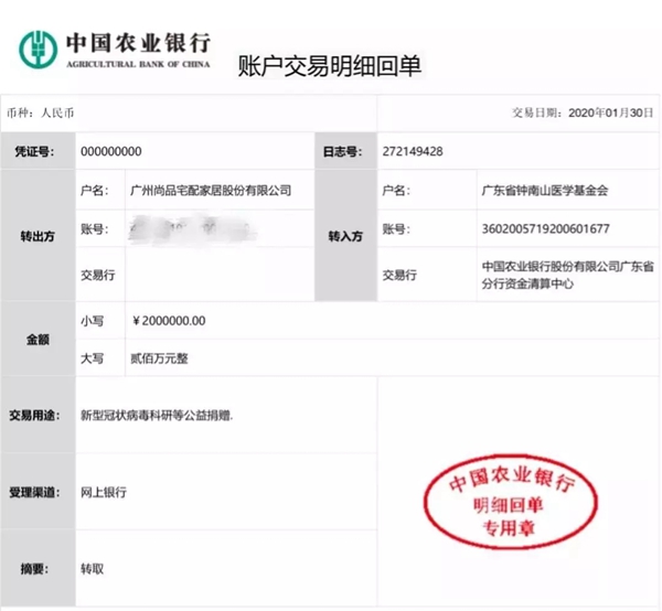 尚品宅配向钟南山医学基金会捐款200万元 疫情无期但人间有爱