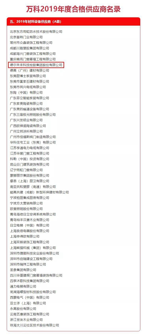 德尔地板获评万科2019年材料设备A级供应商