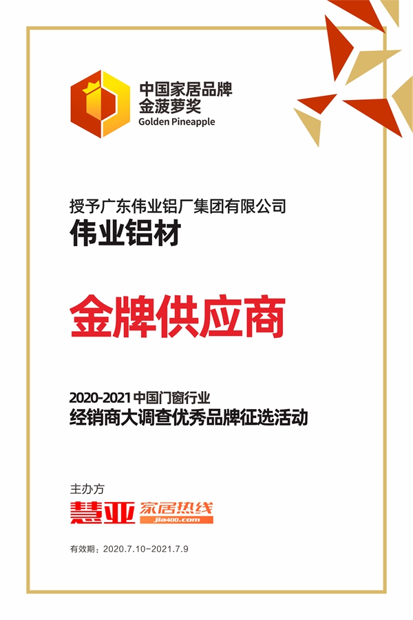 伟业铝材荣获2020门窗经销商大调查“金牌供应商”奖项