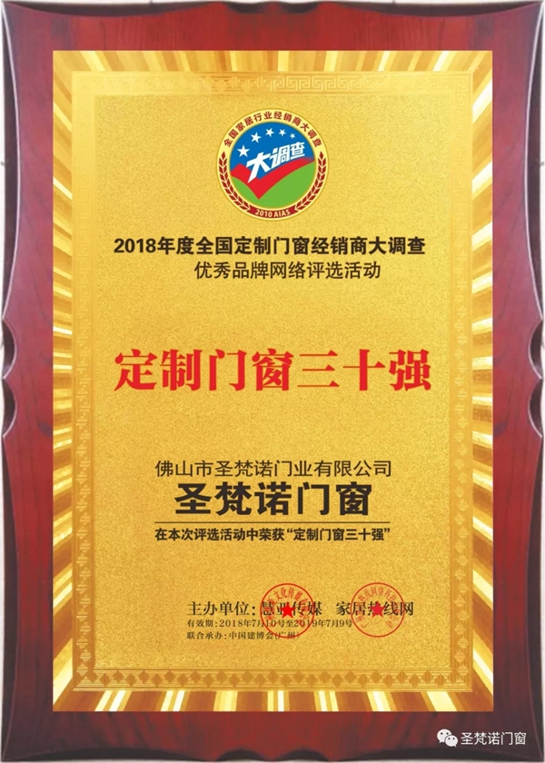 圣梵诺门窗荣膺经销商推崇门窗十大品牌奖项