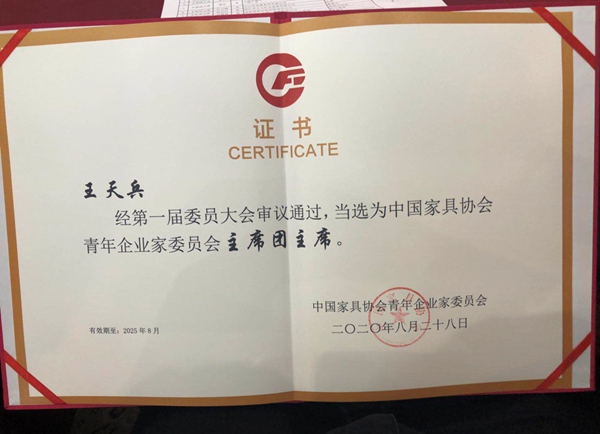 合生雅居CEO王天兵当选成为中国家具协会青年企业家委员会“主席团主席”