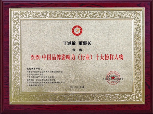 兔宝宝董事长丁鸿敏荣膺“2020中国品牌影响力(行业)十大榜样人物”