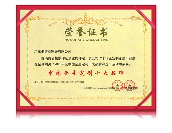 卡诺亚定制家居荣获2020“中国全屋定制十大品牌”