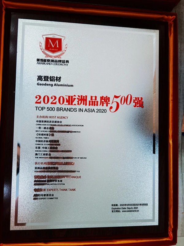 广东高登铝业集团连续9年蝉联亚洲品牌500强 广东高登铝业集团连续9年蝉联亚洲品牌500强