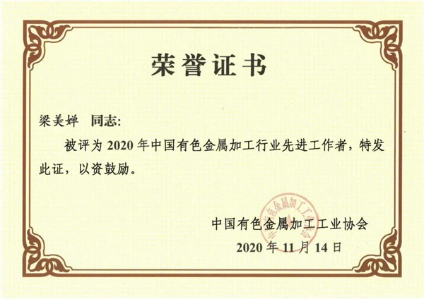 广东伟业集团梁美婵同志获评2020年中国有色金属加工行业先进工作者