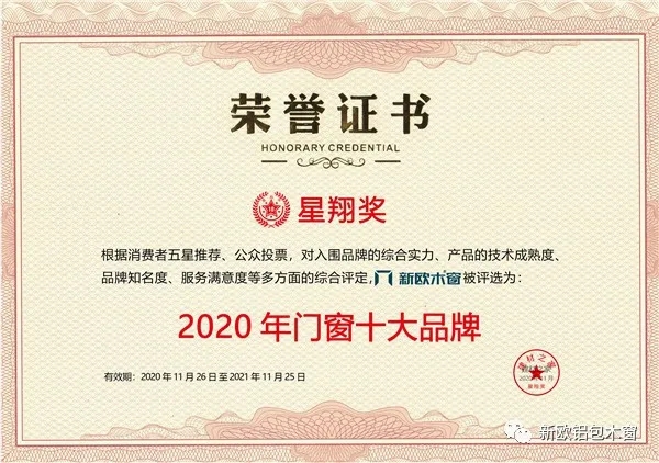 砥砺前行，不断革新产品，新欧木窗荣获星翔奖“2020门窗十大品牌”！