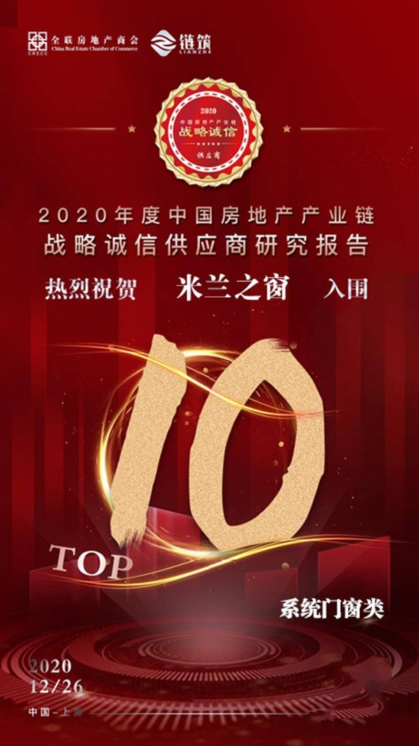 米兰之窗获2020中国房地产产业链战略创新峰会重磅奖项 米兰之窗获2020中国房地产产业链战略创新峰会重磅奖项
