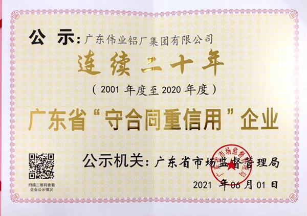 立信而行！我的伟业连续二十年获评“守合同重信用”企业