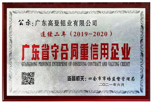 高登铝业集团荣获“广东省守合同重信用企业”称号