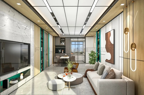 法狮龙客厅吊顶95m²装修实例 | 木纹+宝格丽绿色调，打造的轻奢设计
